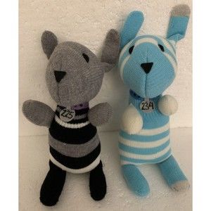 Knit Puppy Dogs Plush Long Ears Striped Numbered Collars 10" Set Of 2
